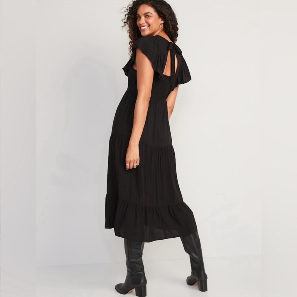 Old Navy Black Smocked Midi Dress Flutter Sleeve Tiered Fit & Flare Women's - Picture 3 of 7